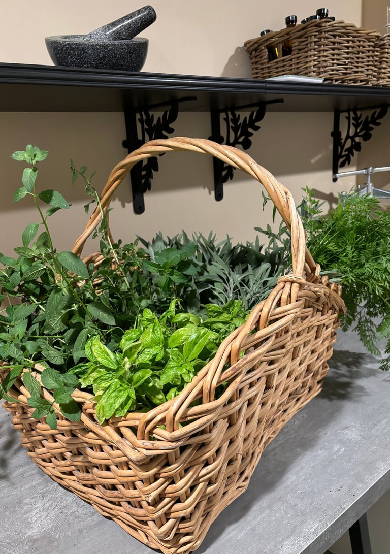 Freshly harvested herbs sitting in a basket