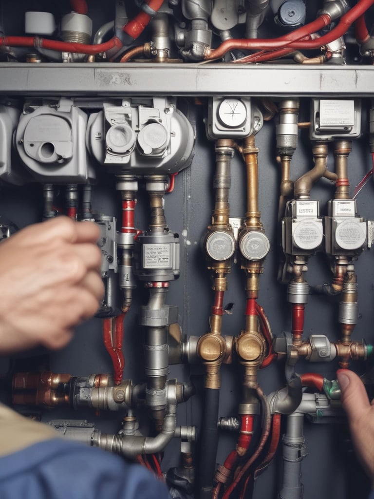 A person wearing a red hard hat and a face mask is working on the ceiling, possibly installing or repairing electrical wiring. The individual is holding tools in their hands and is focused on the task. The wall behind them has partially visible text in large black and red letters.