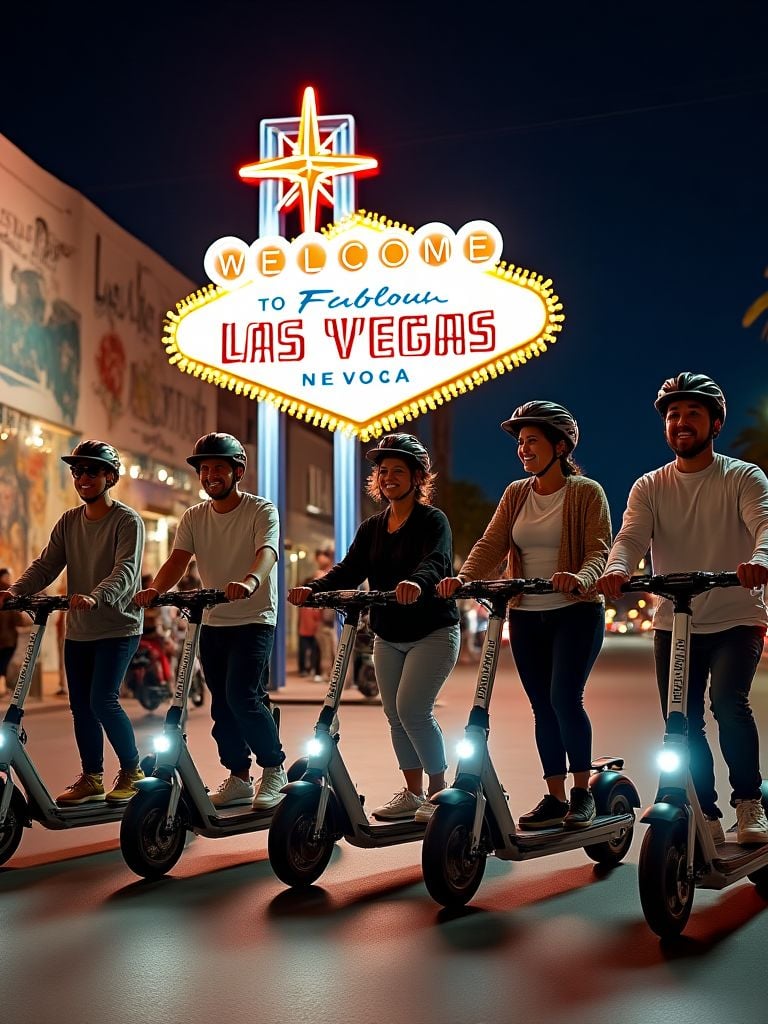 a group of people riding scooters in front of a sign that says vegas