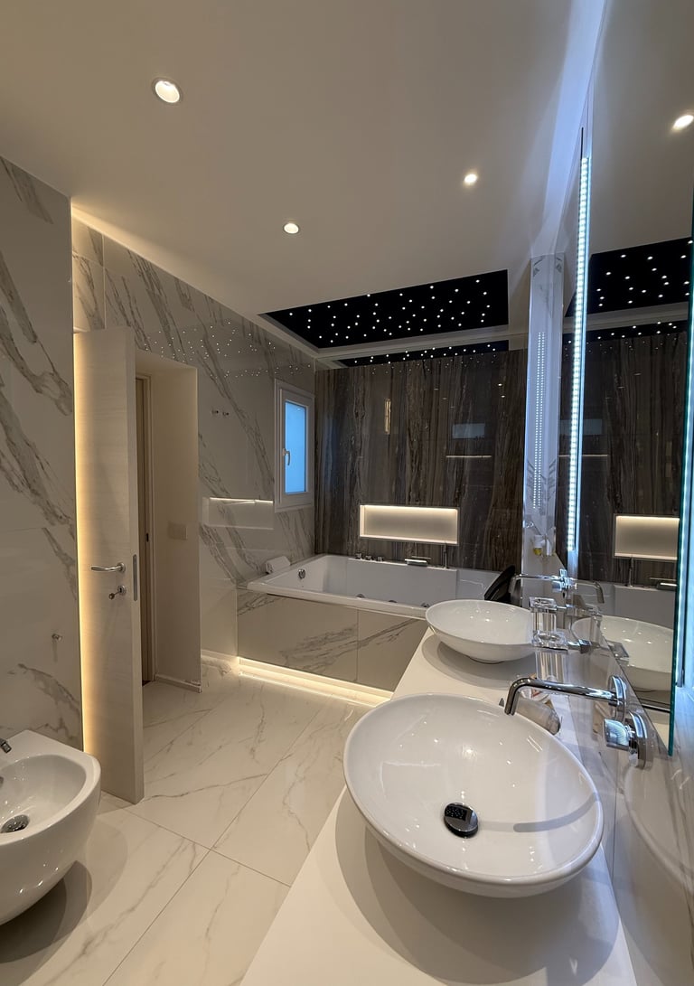 a bathroom with a large marbled bathroom