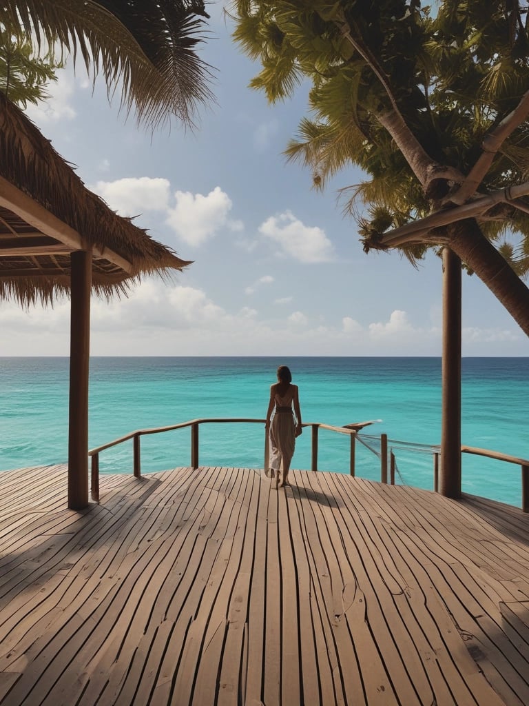 a woman walking down a wooden deck with a view of the ocean