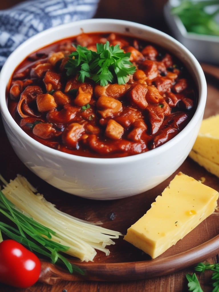 create and picture of a bowl of chilli with chives and chesse on top make it look cozy and comfortin