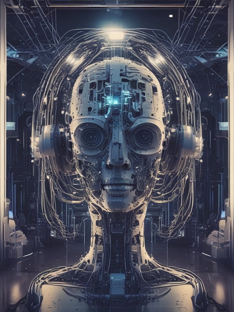 A large illuminated screen displays a tech-themed graphic with logos of various tech companies underneath. The setting appears to be an indoor event or conference with several spotlights beaming down, creating a dynamic atmosphere. Attendees are seated in front, silhouetted against the bright lights.