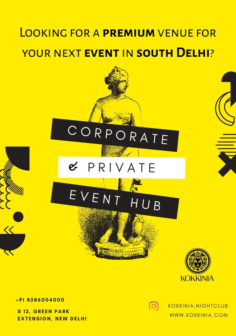 Poster for Kokkinia, a premium venue in South Delhi for corporate and private events.