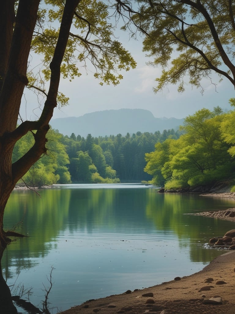 Water cascades over a concrete dam set against a backdrop of rugged mountains. The clear blue sky contrasts with the lush greenery and rocky cliffs surrounding the reservoir.