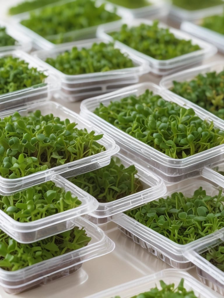 Close-up of fresh radish microgreens with vibrant green leaves and delicate red stems.