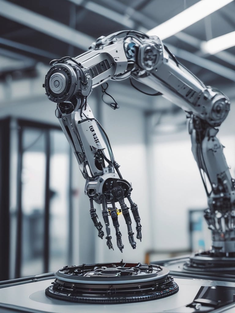 Close-up of a robotic arm delicately assembling a complex aerospace component under bright workshop lights.