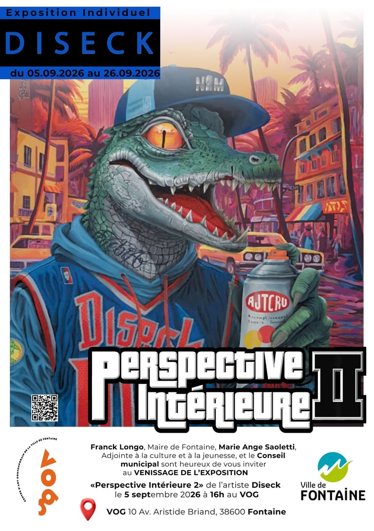 Poster for Diseck art exhibition featuring a crocodile in urban clothing holding a spray paint can.