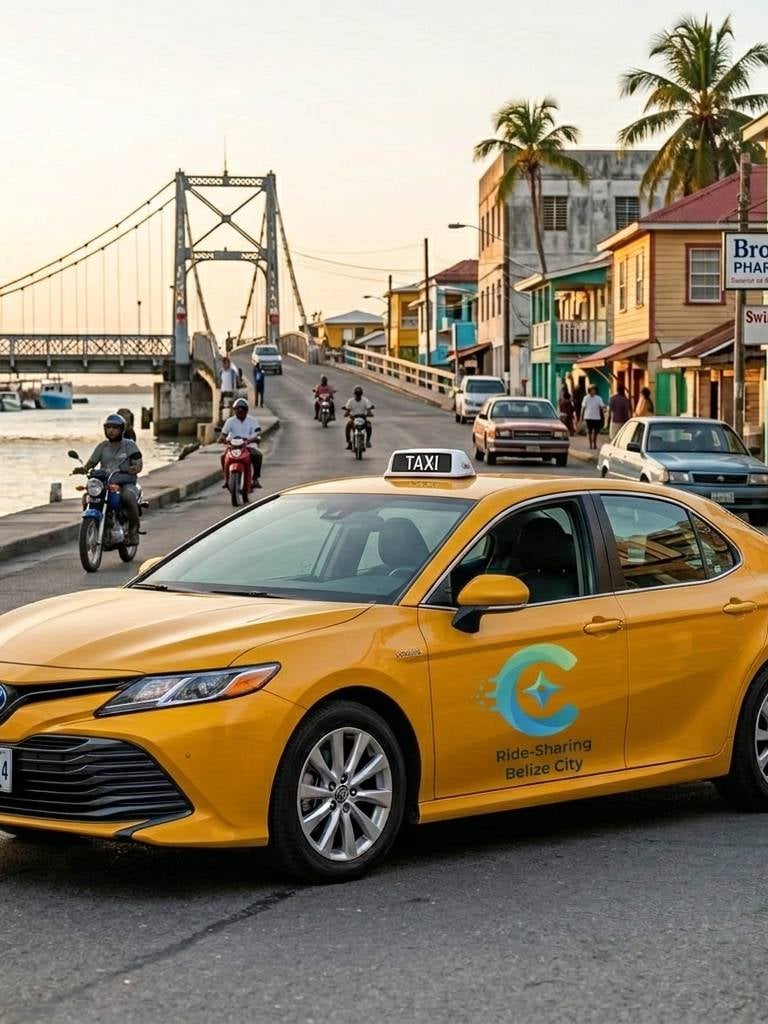Yellow Toyota taxi in Belize City near the historic Swing Bridge and palm trees.