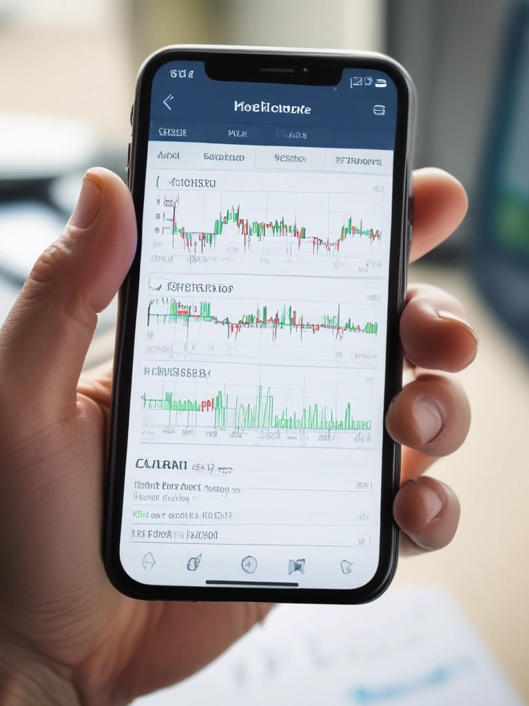 A hand holding a smartphone displaying a financial website, with information including market watch and stocks data visible on the screen. The background is a textured wooden surface.