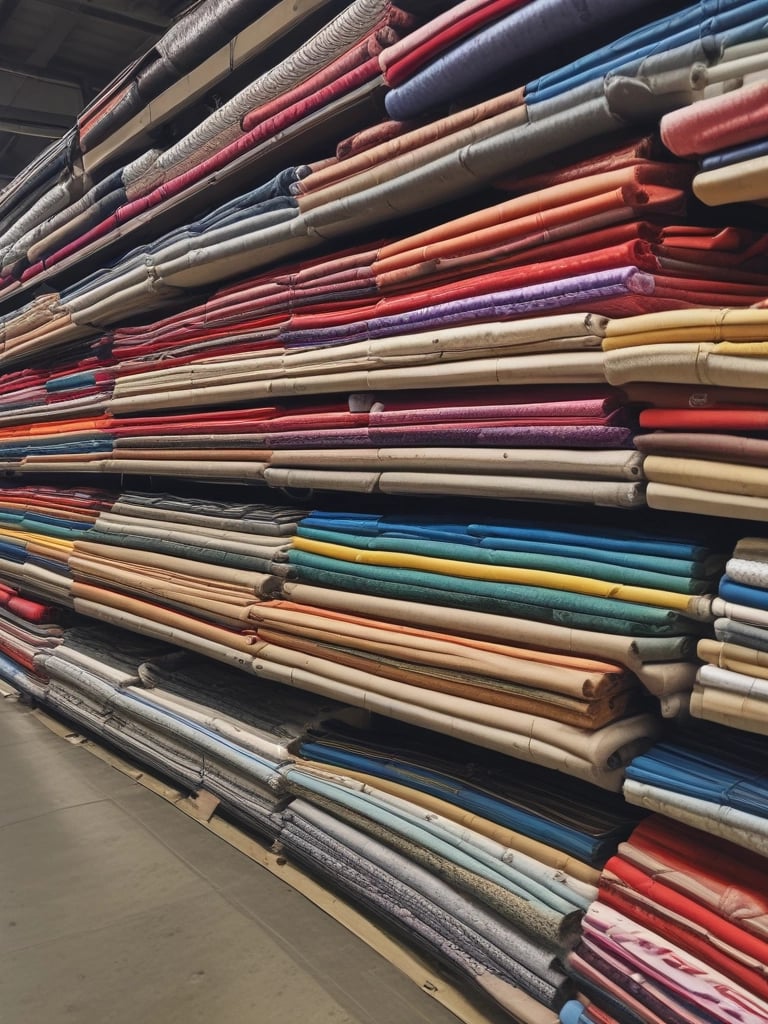 Rows of neatly arranged colorful fabric rolls fill the shelves with a wide range of patterns and textures. The fabrics are tightly packed, displaying a rich array of colors including reds, blues, greens, yellows, and purples. Each roll appears unique, contributing to a vibrant, visually appealing tapestry.