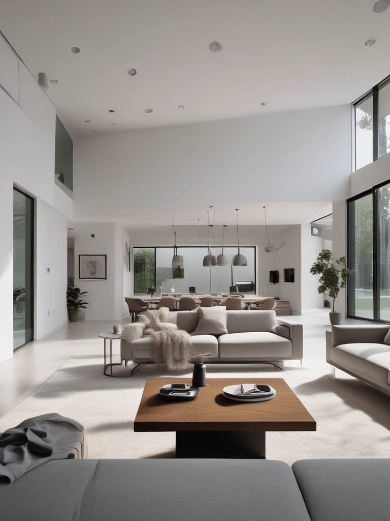 Bright, spotless living room with sunlight streaming through large windows, showcasing a freshly cleaned space.