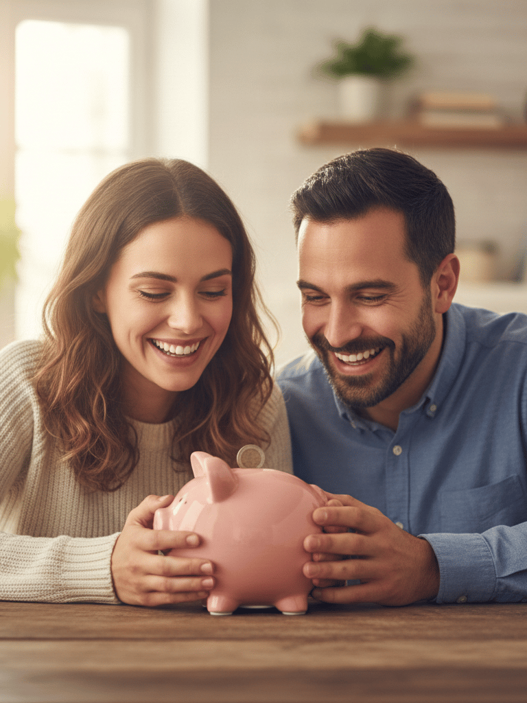 Casal sorrindo e olhando para um cofre de porquinho