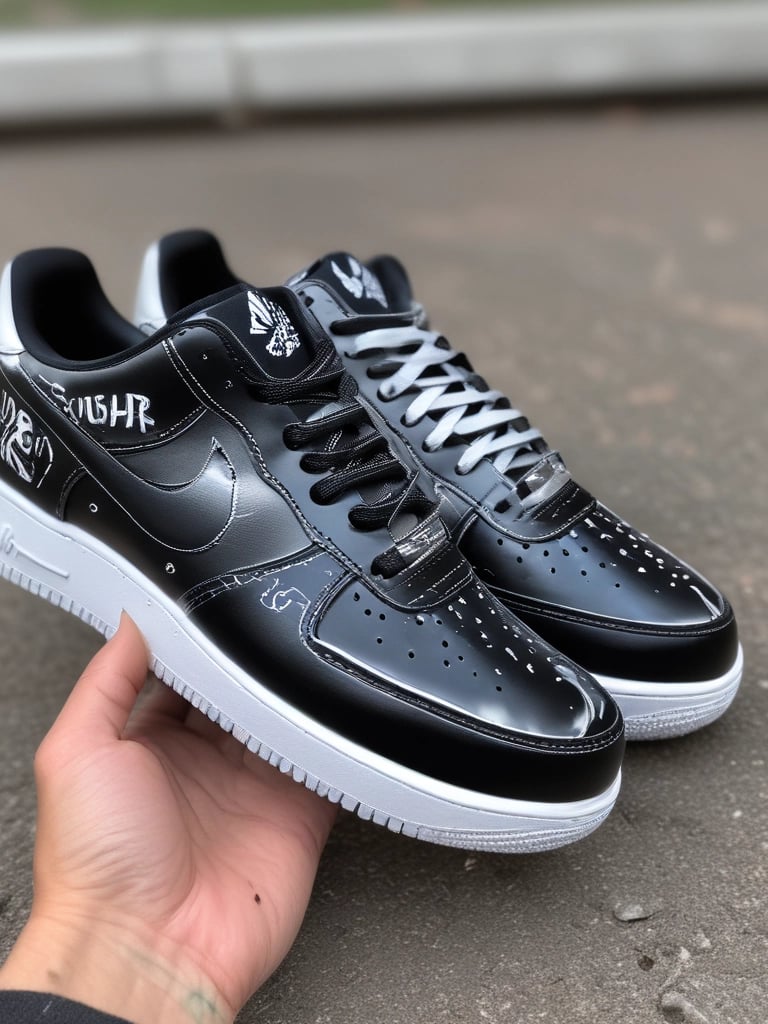 Close-up of a handcrafted sneaker featuring bold dark designs with neon accents, evoking edgy Gen Z style.