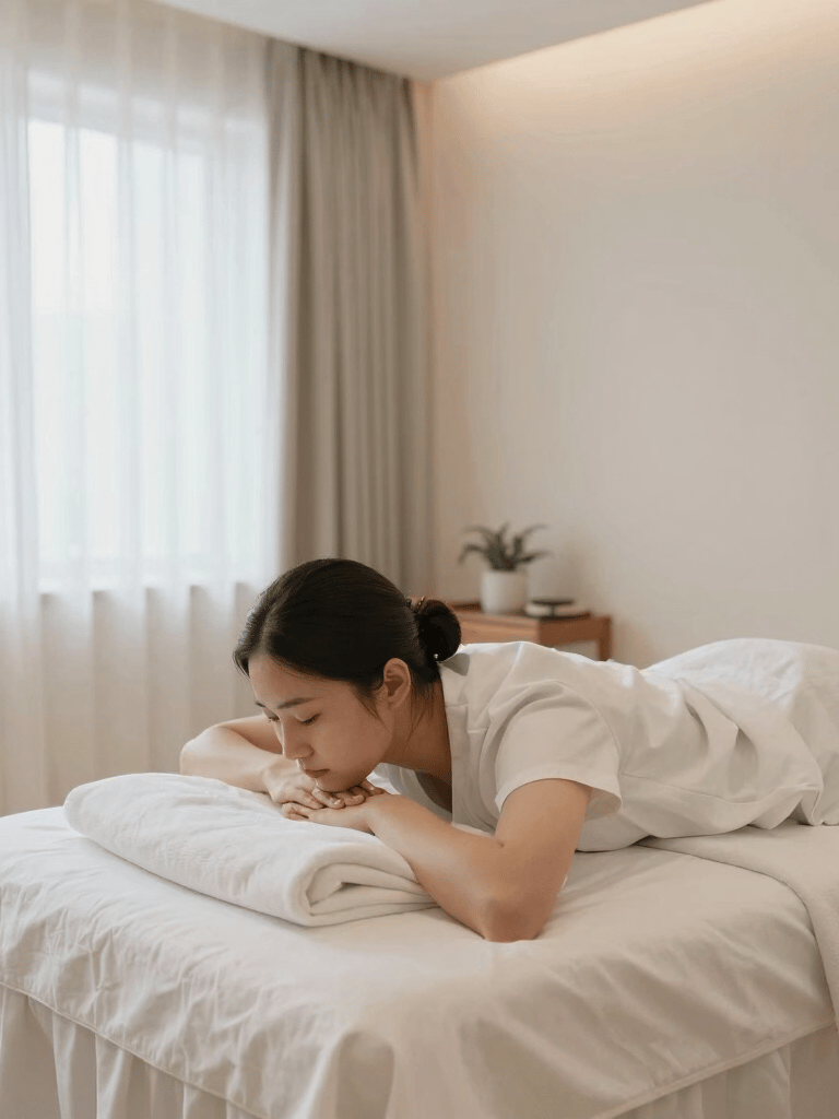 Softly lit treatment room with elegant rose and nude tones, showcasing a serene beauty setting.