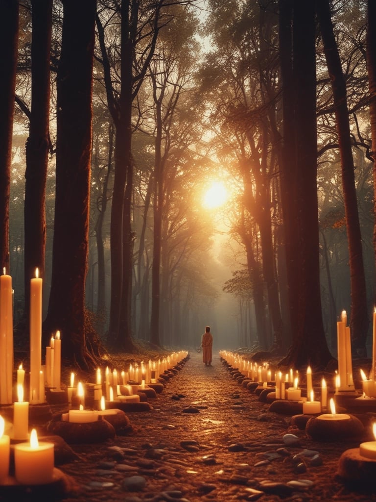 A serene forest clearing bathed in soft green light, with subtle glowing energy waves flowing gently through the trees.