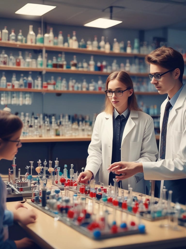 A vibrant classroom scene with students engaged in a colorful chemistry experiment, showcasing hands-on learning.