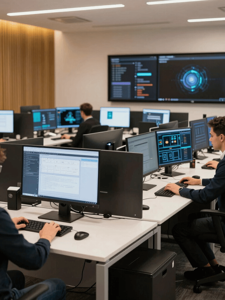 A vibrant team meeting in a modern office with blue accents, brainstorming digital marketing strategies.