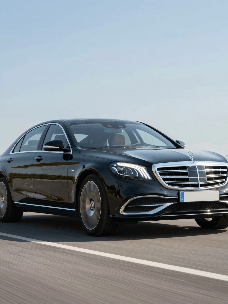 A sleek black luxury car parked by a scenic Northern Ireland coastline at sunset.