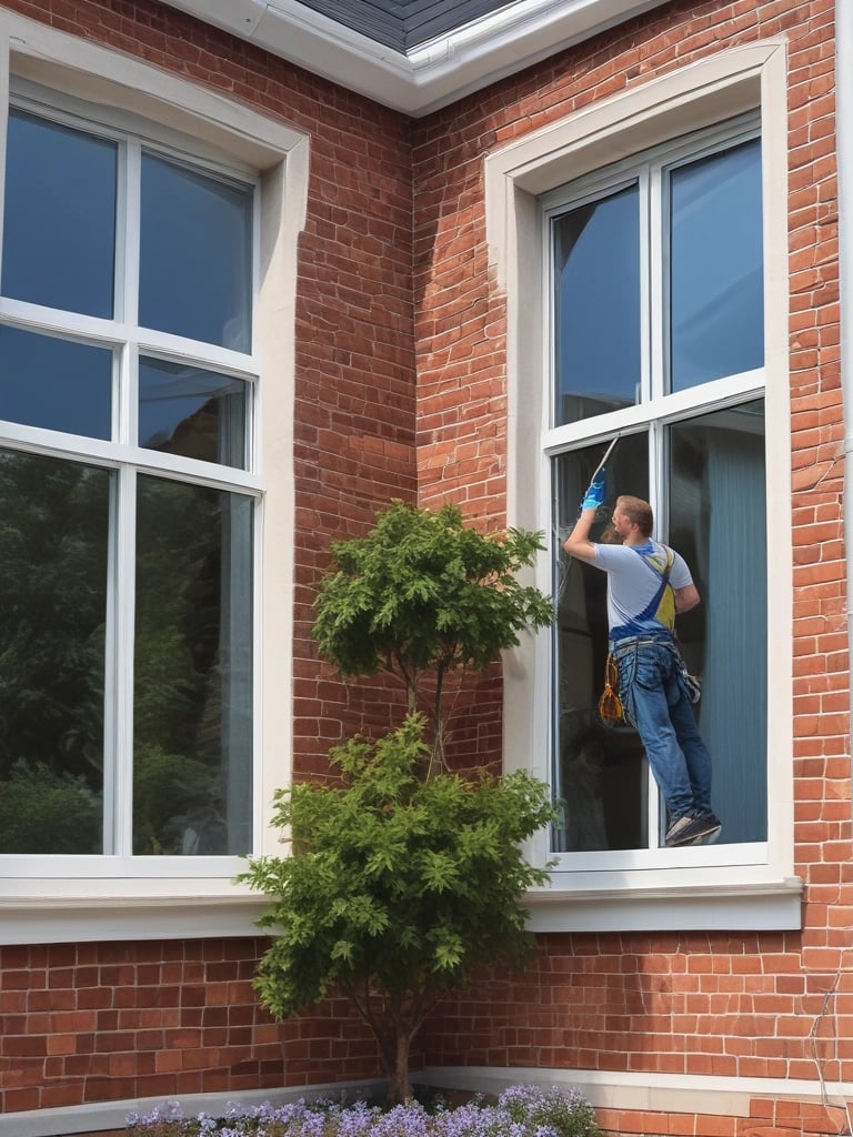 Two workers in orange uniforms are cleaning the street using hoses. They are near a row of parked cars including a red SUV. Behind them are storefronts with signage in Chinese characters and a large tree providing shade.