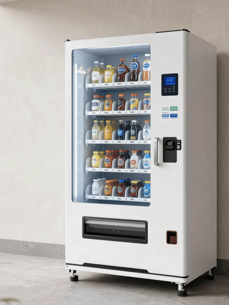 A supermarket aisle features rows of frozen food and refrigerated items in large glass cases. Shelves are stocked with a variety of beverages, snacks, and packaged goods. Bright lighting overhead enhances the visibility of products. The setting is orderly and well-organized, showcasing a typical grocery shopping environment.