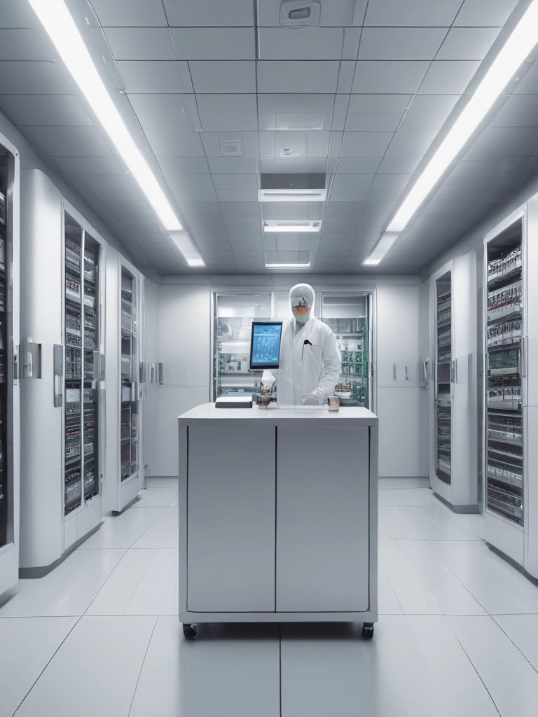 A room with a tiled ceiling and fluorescent lighting contains various electronic and office equipment. On the left, there's a wooden desk with a black server cabinet next to it. In the center of the room, a rack of network cables is visible, organized into a larger unit. To the right, a filing cabinet is mounted on the wall, with a printer/copier machine near the foreground. The walls are plain and the floor is covered in white tiles.