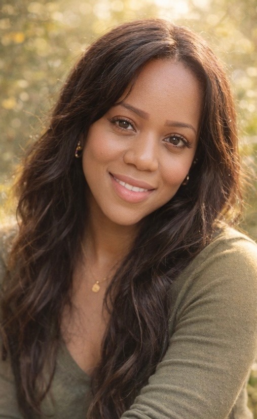 A smiling woman with long brown hair posing for a natural light outdoor portrait.