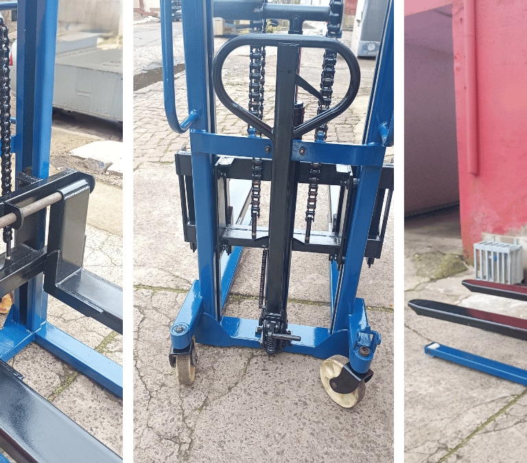 Uma empilhadeira manual azul e preta reformada