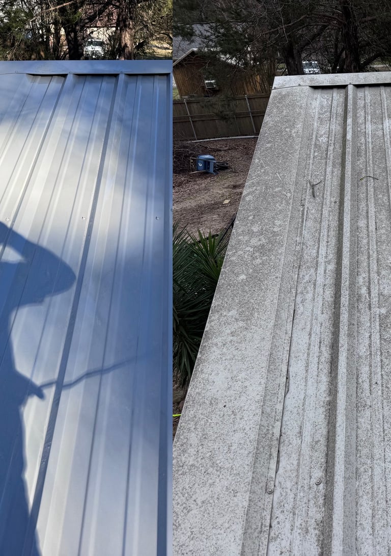 Before and after cleaning a metal roof