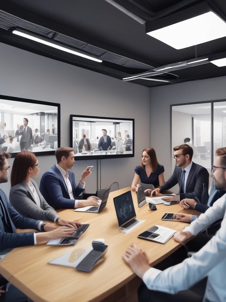 A view of the interior dashboard of a car with a small robot-like device positioned on top of the dashboard. The dashboard also features a touchscreen displaying various options. The environment is dimly lit, focusing on the dashboard area.