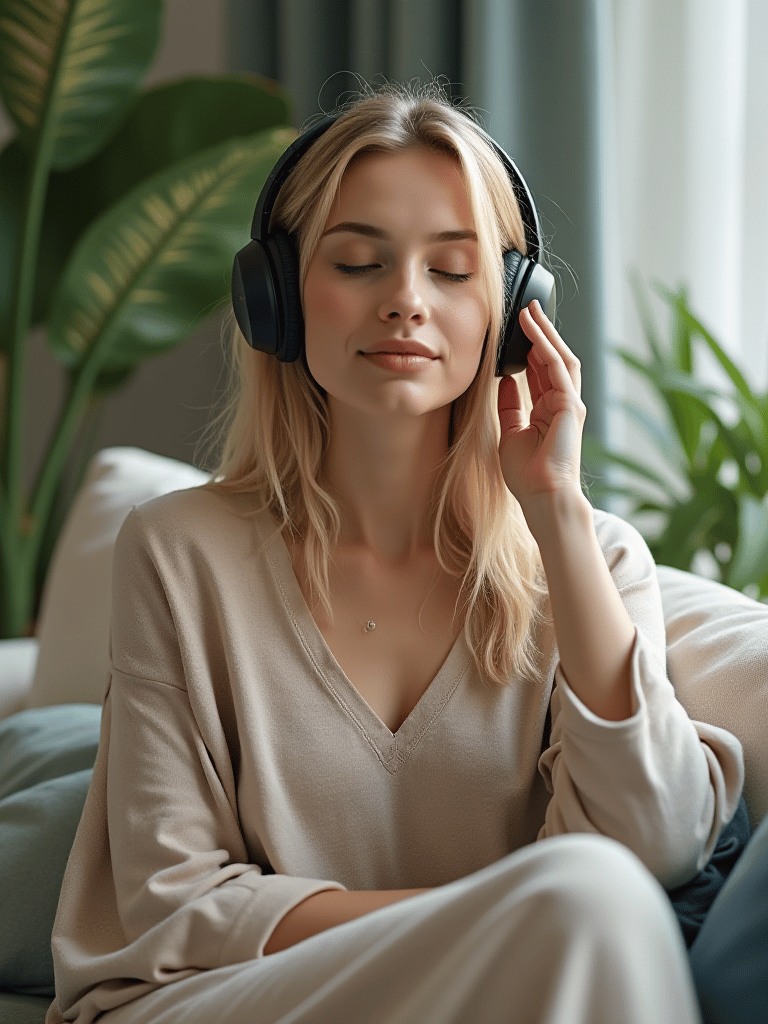 person a female relaxed at home in headphones