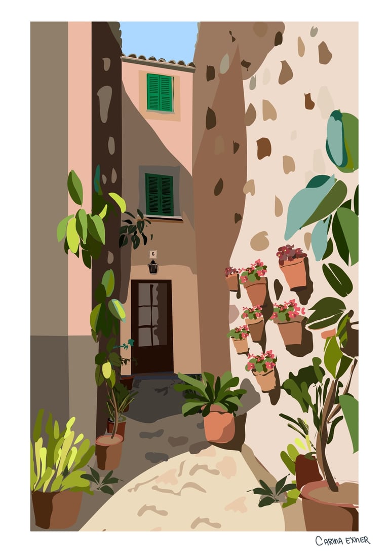 a painting of a house with potted plants