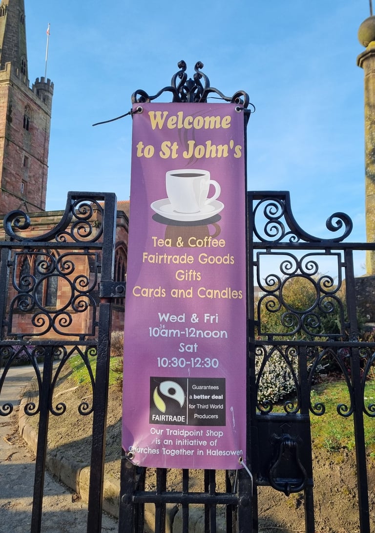 Banner showing Traidpoint fairtrade goods and cafe.