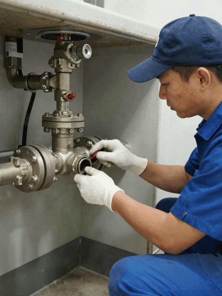 A worker is suspended on ropes, cleaning the windows of a large brick building. The person is equipped with cleaning gear, including a brush and a safety harness attached to a bucket of supplies. The window panes have visible streaks being cleaned, contrasted against the industrial background of brick and metal.