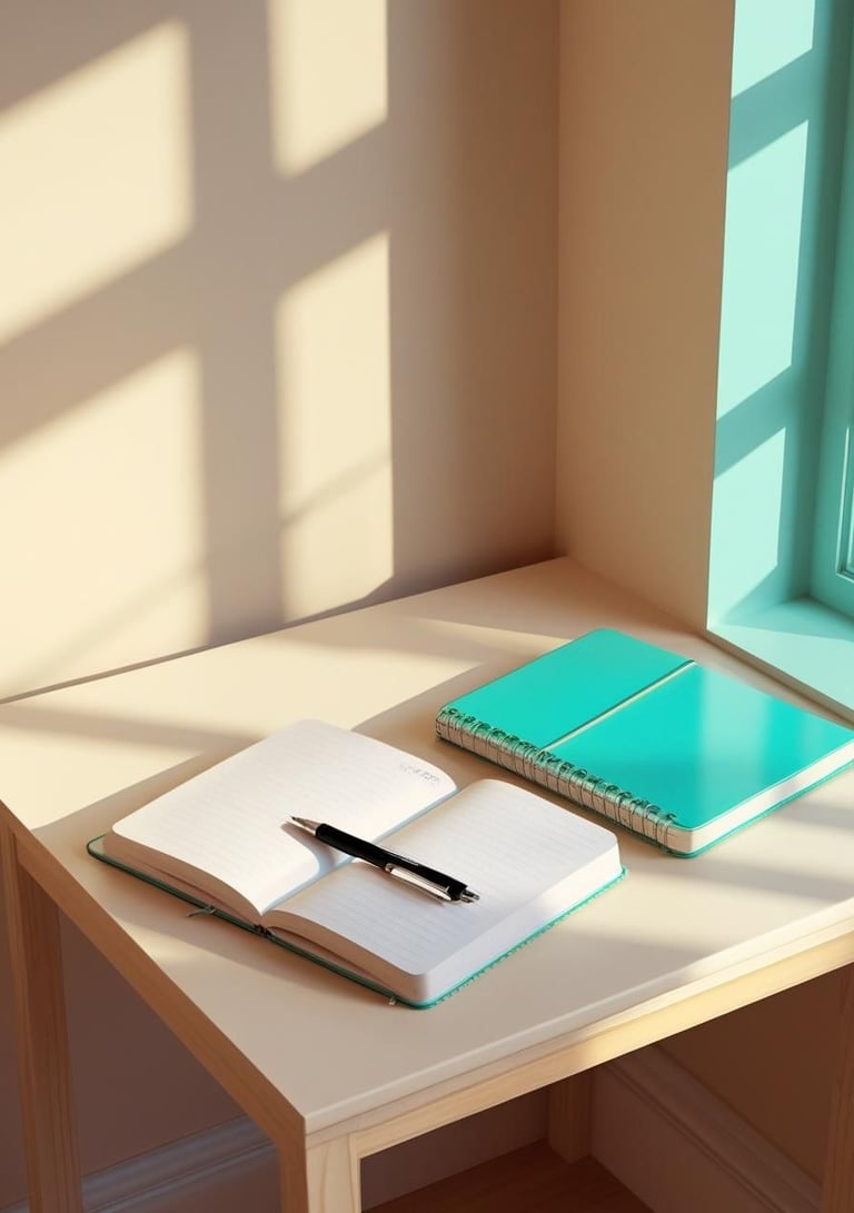 Cuaderno abierto con bolígrafo y libreta turquesa en mesa junto a ventana iluminada con luz natural