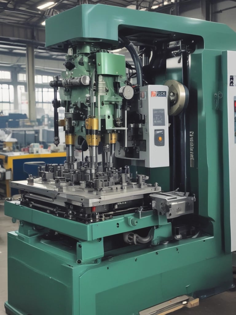Close-up of a CNC machine precisely cutting a metal part in a bright workshop.