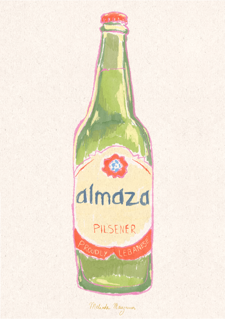 Hand-painted illustration of a green Almaza Pilsener beer bottle, by Ta'ala Artist
