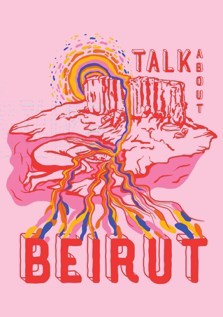 Artistic pink and red poster of Beirut's Raouche Rocks by Ta'ala Artist Melinda