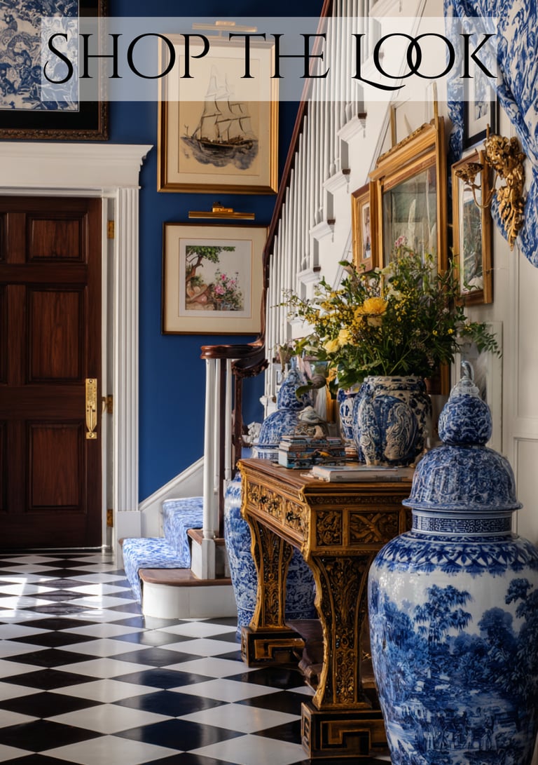 a hallway with a checkered checkered floor and a blue and white checkered