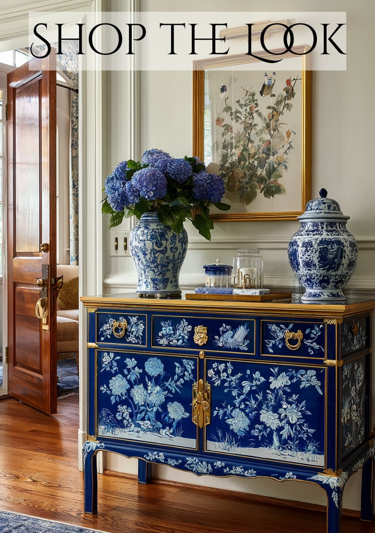 a blue and white cabinet with a vase with flowers in it