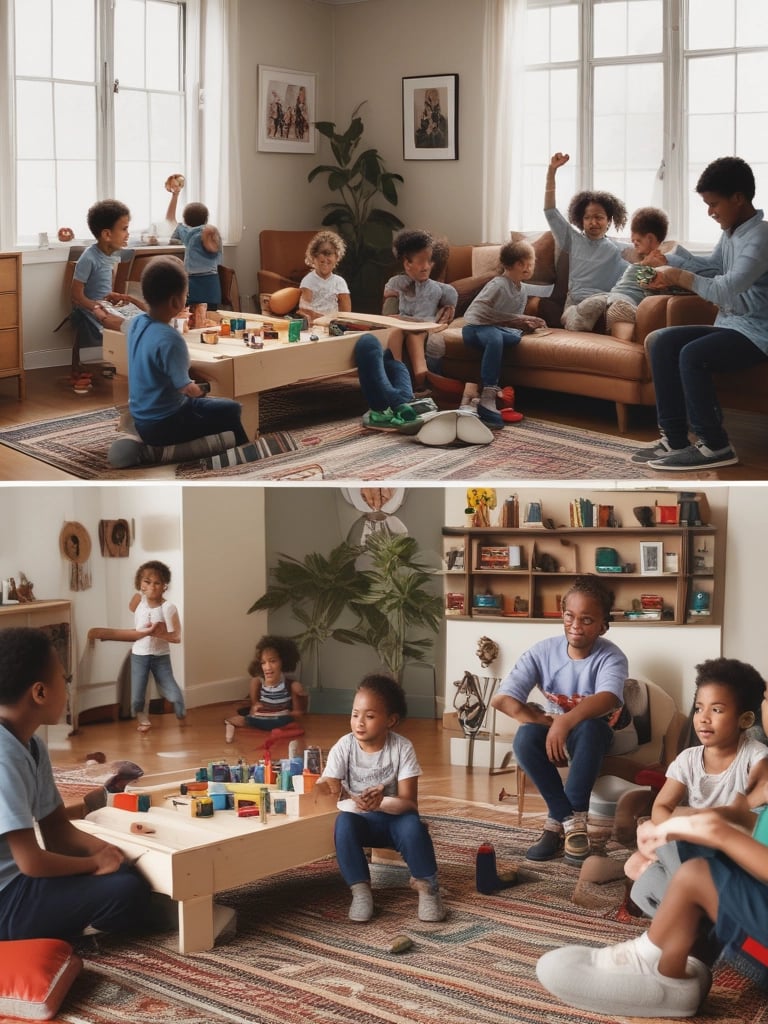A lively workshop scene with parents and children engaging in a mental health activity, smiles and focused expressions.
