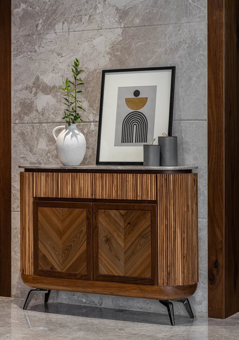Premium wooden sideboard cabinet with chevron pattern doors - Amuk Modular furniture Pune