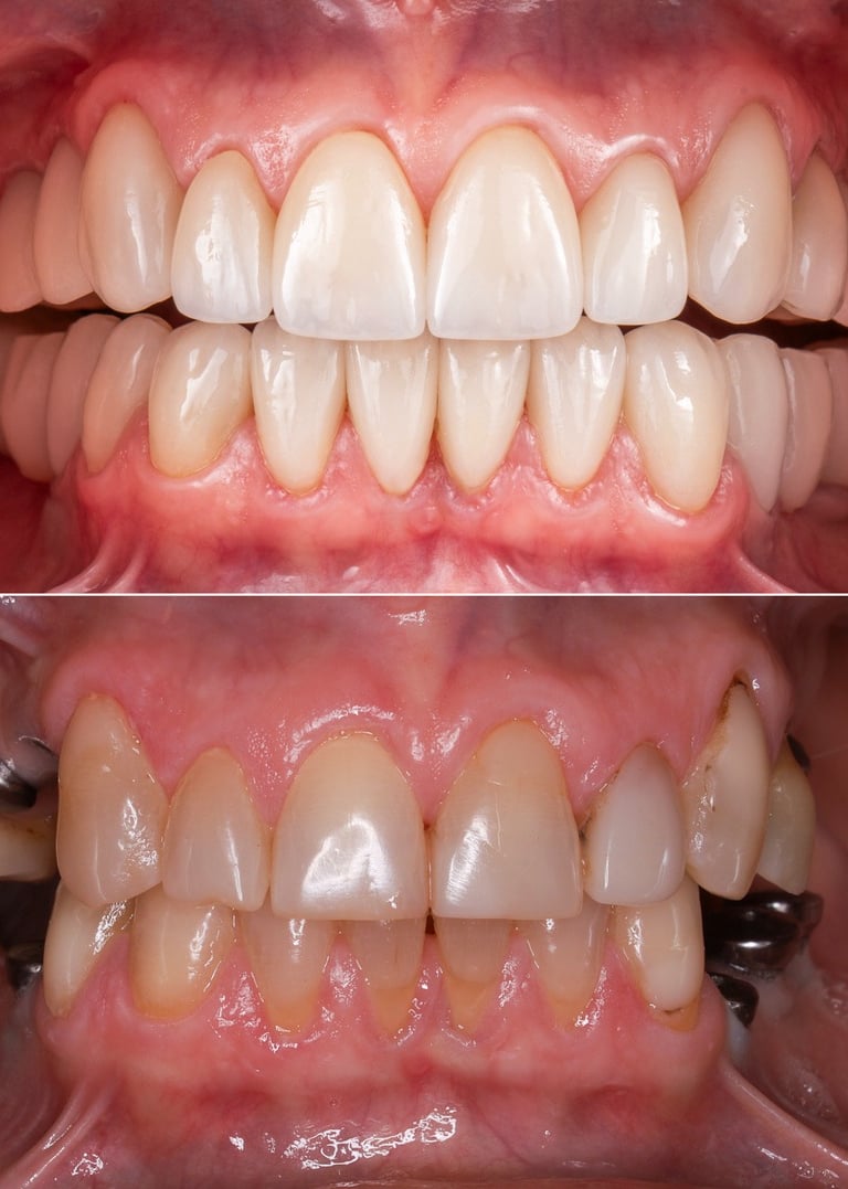 Reabilitação oral total sobre implantes dentários. Resultado de Engenharia Estética. coroas dentes