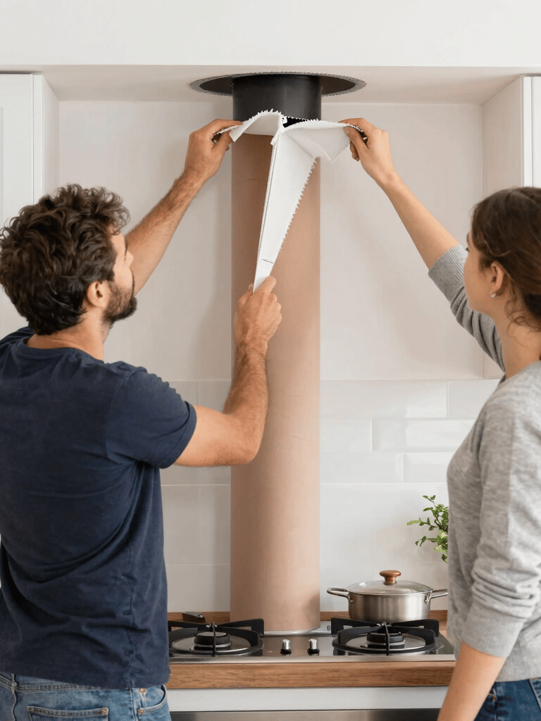 A sleek, modern kitchen chimney installed above a stove with warm lighting highlighting its design.