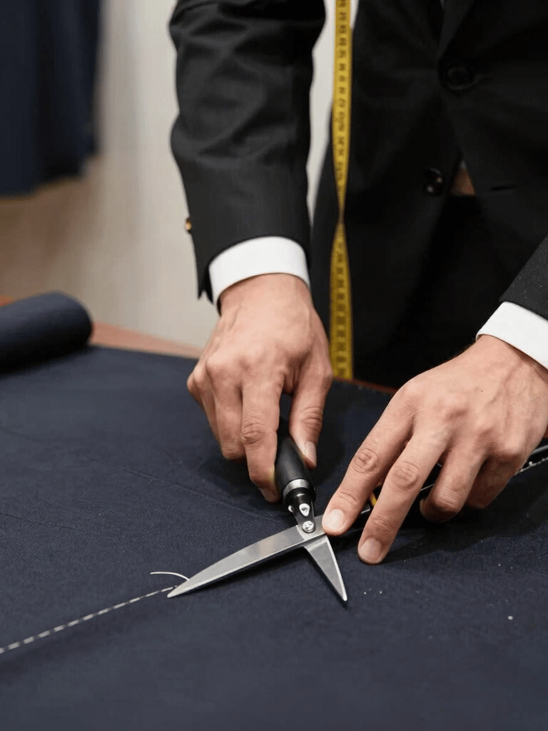 Close-up of a tailor carefully adjusting the sleeve of a men's suit jacket in a cozy workshop.