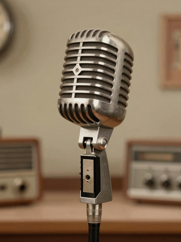 A close-up of a vintage radio dial glowing warmly in a dimly lit studio.