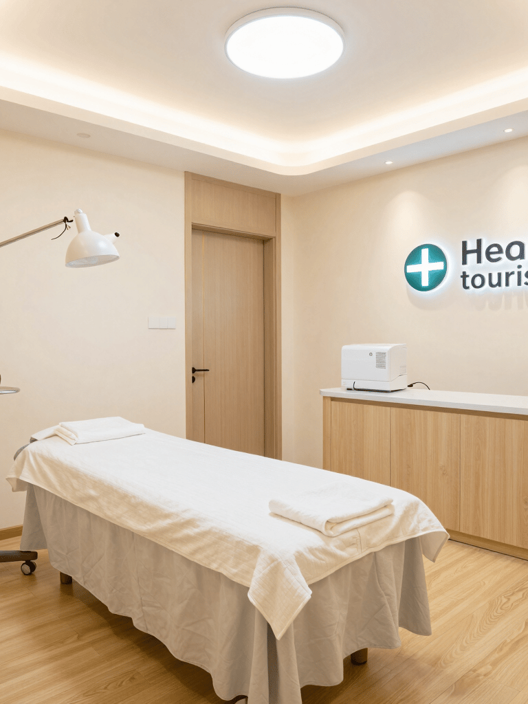 A vibrant photo of a modern health tourism facility bustling with international visitors.