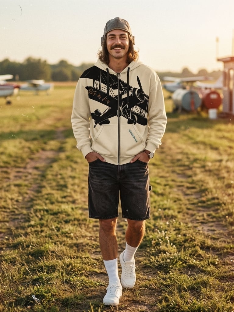 un aviateur sur un terrain portant le hoodie route des airs