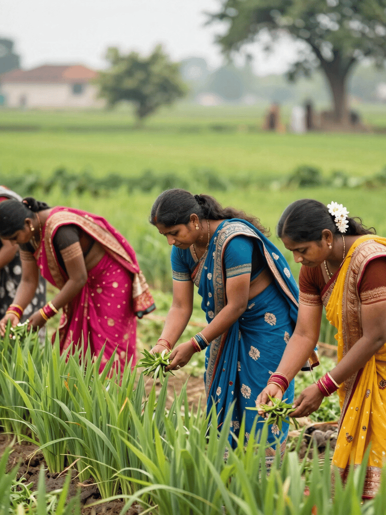 A group of rural women engaged in a vibrant vocational training session outdoors.