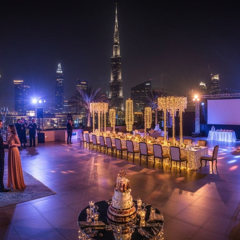 Luxury outdoor wedding reception on a Dubai rooftop with Burj Khalifa views and elegant decor.